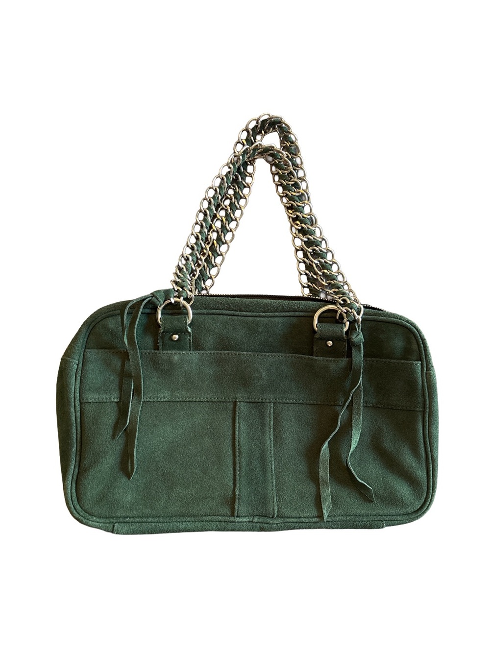 Avon Forest Green Suede Satchel Purse w/ Chain Handles